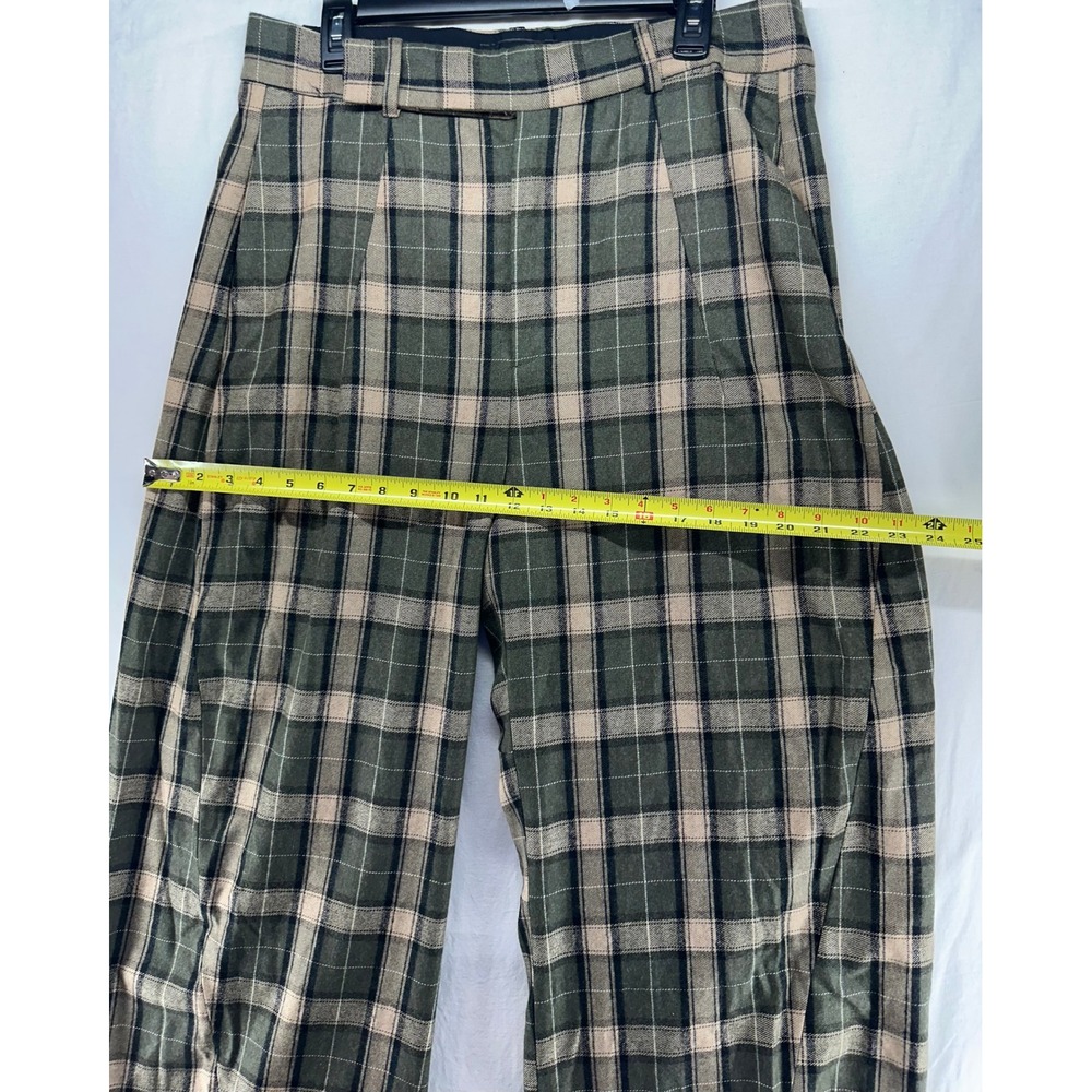 Zara Women Green Plaid Wide Leg High Rise Pleated Trousers Size L Pants - Picture 6 of 14